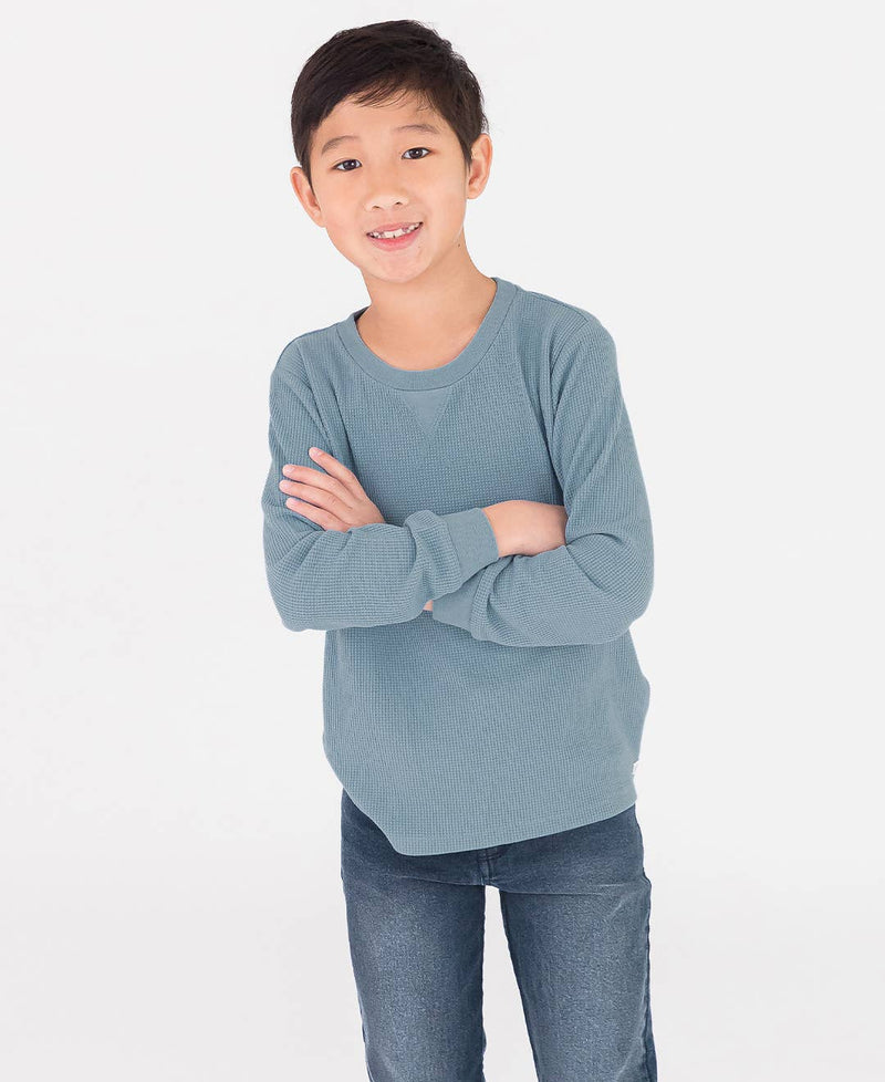 Slate Waffle Knit Long Sleeve Crew Neck Shirt: Blue