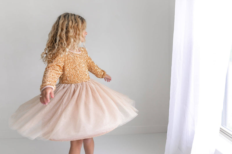 Kids Sequin Champagne Holiday Fancy Sparkle Tulle Dress: Gold