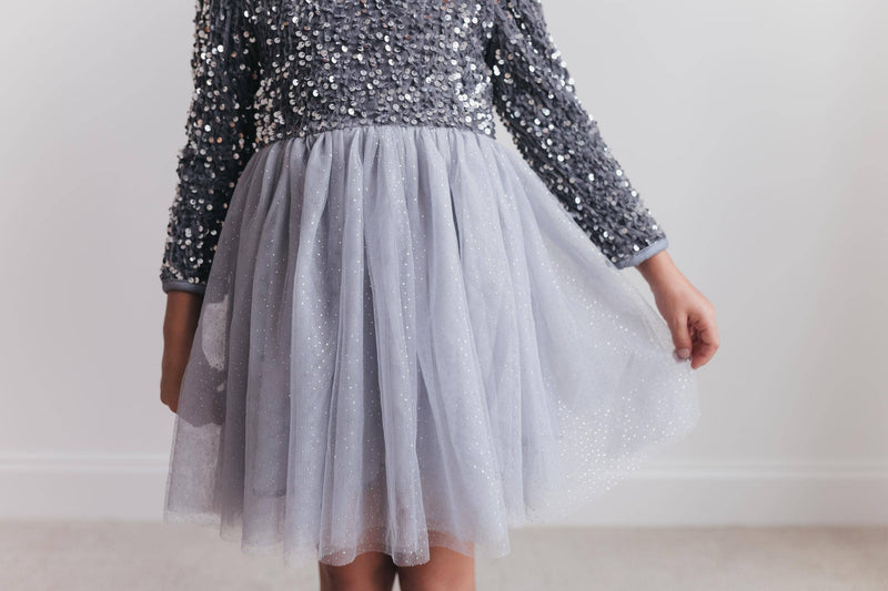 Kids Sequin Silver Holiday Fancy Sparkle Tulle Winter Dress: Silver