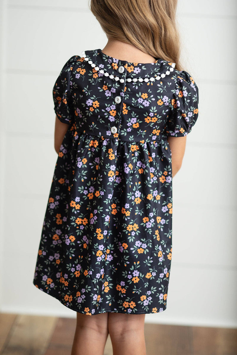 Kids Halloween Pumpkin Candy Smocked Puff Sleeve Fall Dress: 10/12