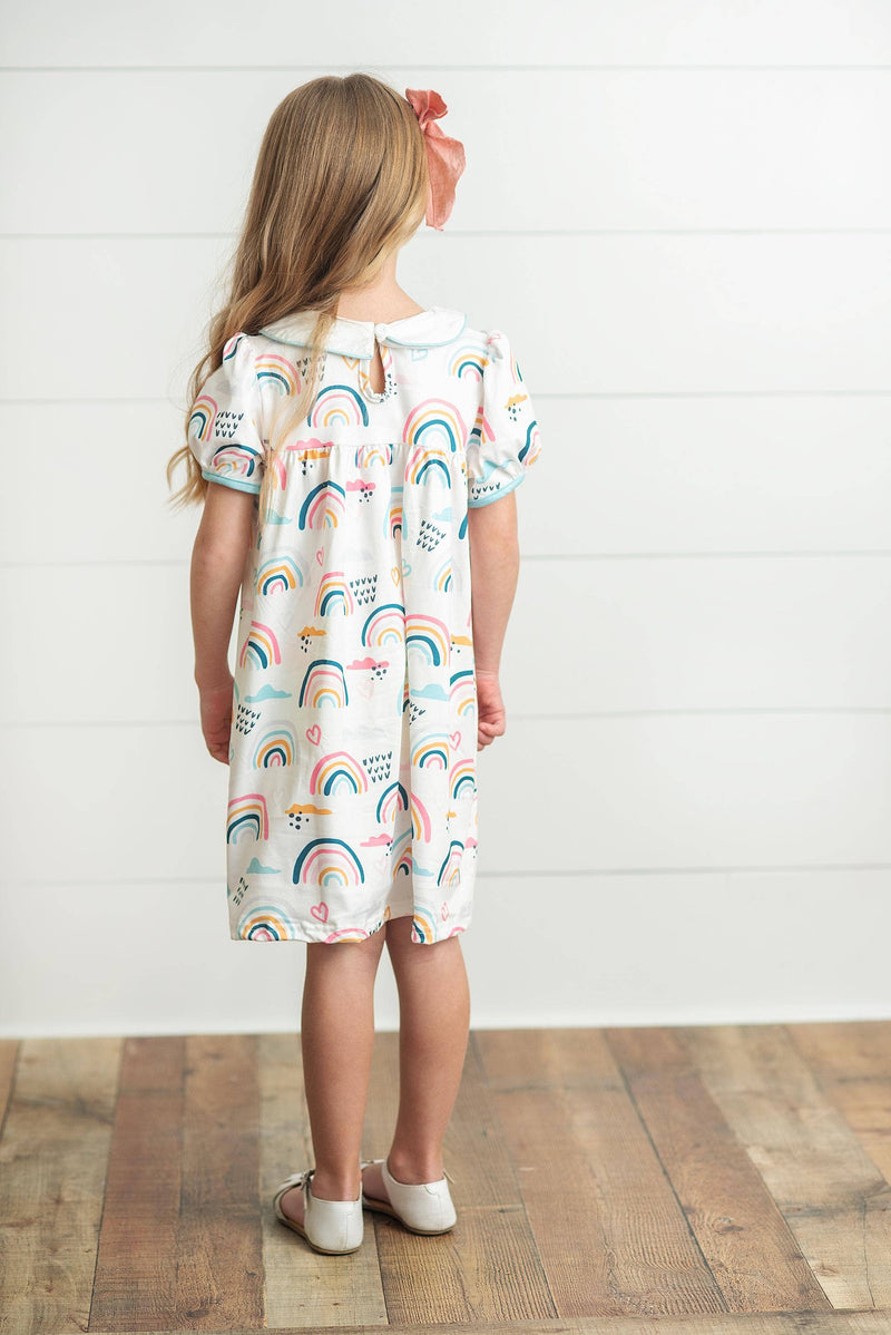 Kids Pastel Rainbow Collared Embroidered School Dress