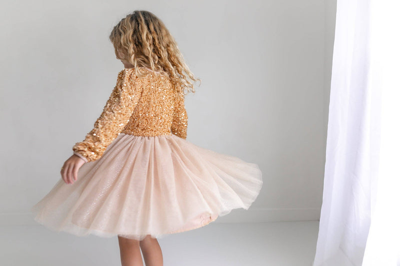 Kids Sequin Champagne Holiday Fancy Sparkle Tulle Dress: Gold