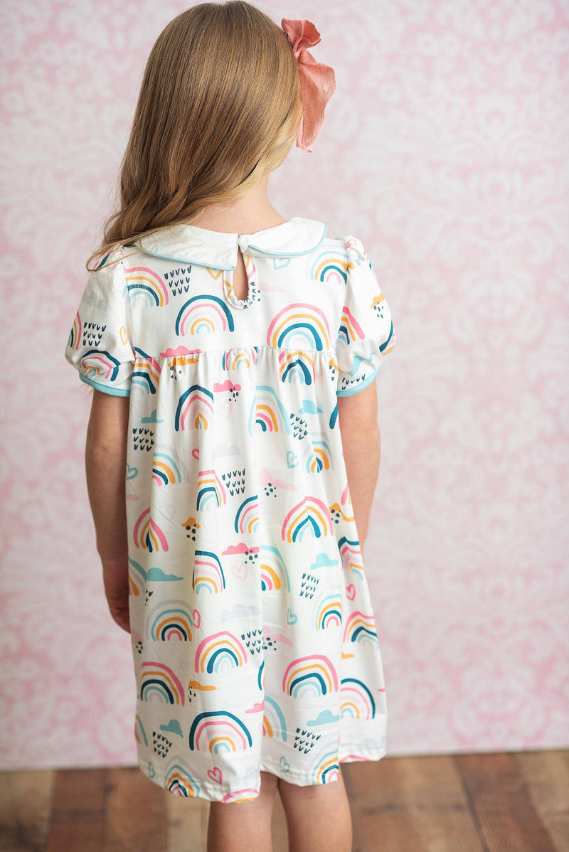 Kids Pastel Rainbow Collared Embroidered School Dress