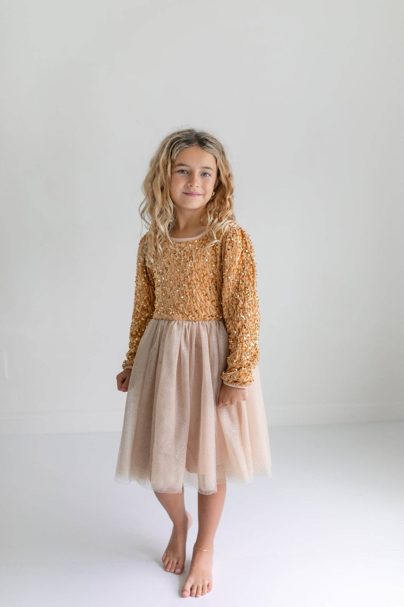 Kids Sequin Champagne Holiday Fancy Sparkle Tulle Dress: Gold