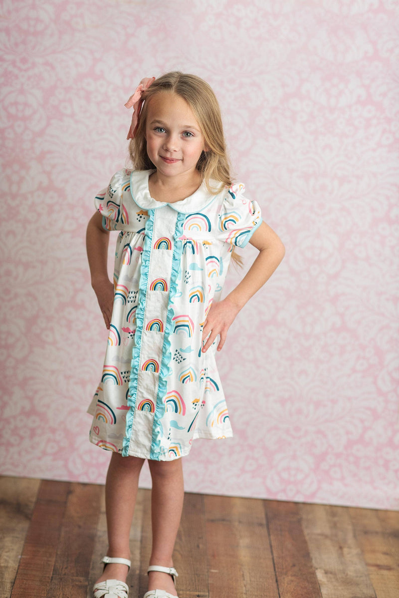 Kids Pastel Rainbow Collared Embroidered School Dress