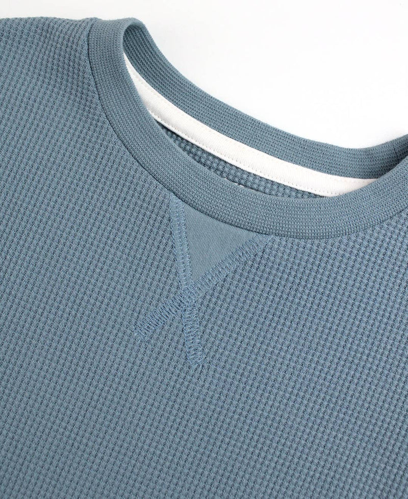 Slate Waffle Knit Long Sleeve Crew Neck Shirt: Blue