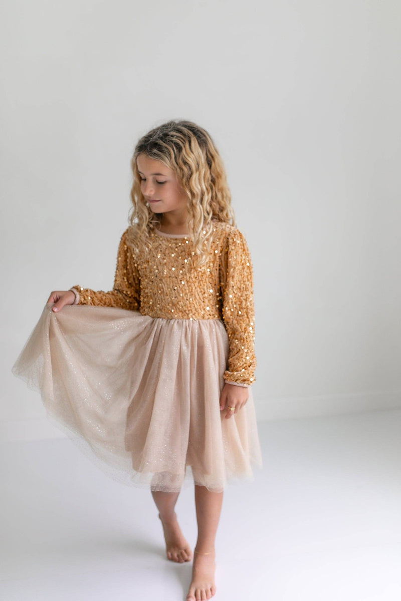 Kids Sequin Champagne Holiday Fancy Sparkle Tulle Dress: Gold
