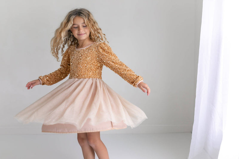 Kids Sequin Champagne Holiday Fancy Sparkle Tulle Dress: Gold