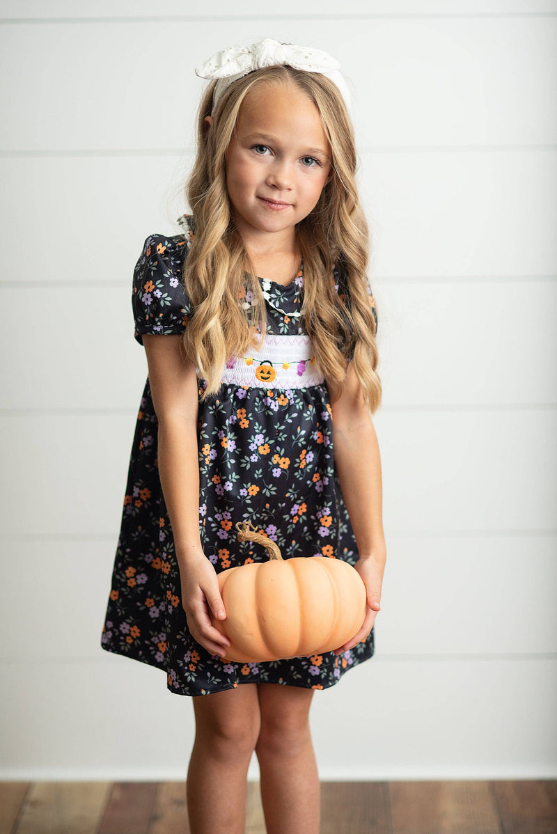 Kids Halloween Pumpkin Candy Smocked Puff Sleeve Fall Dress: 2