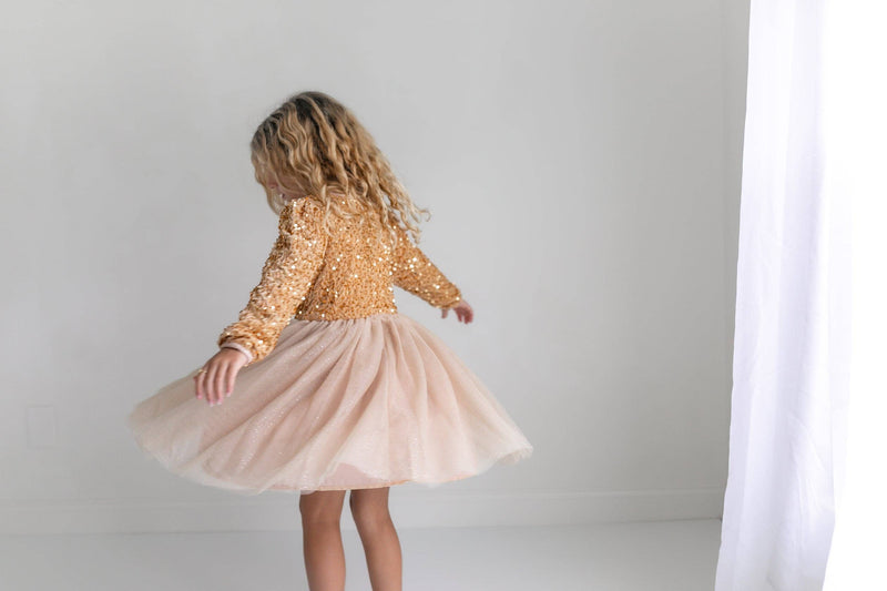 Kids Sequin Champagne Holiday Fancy Sparkle Tulle Dress: Gold