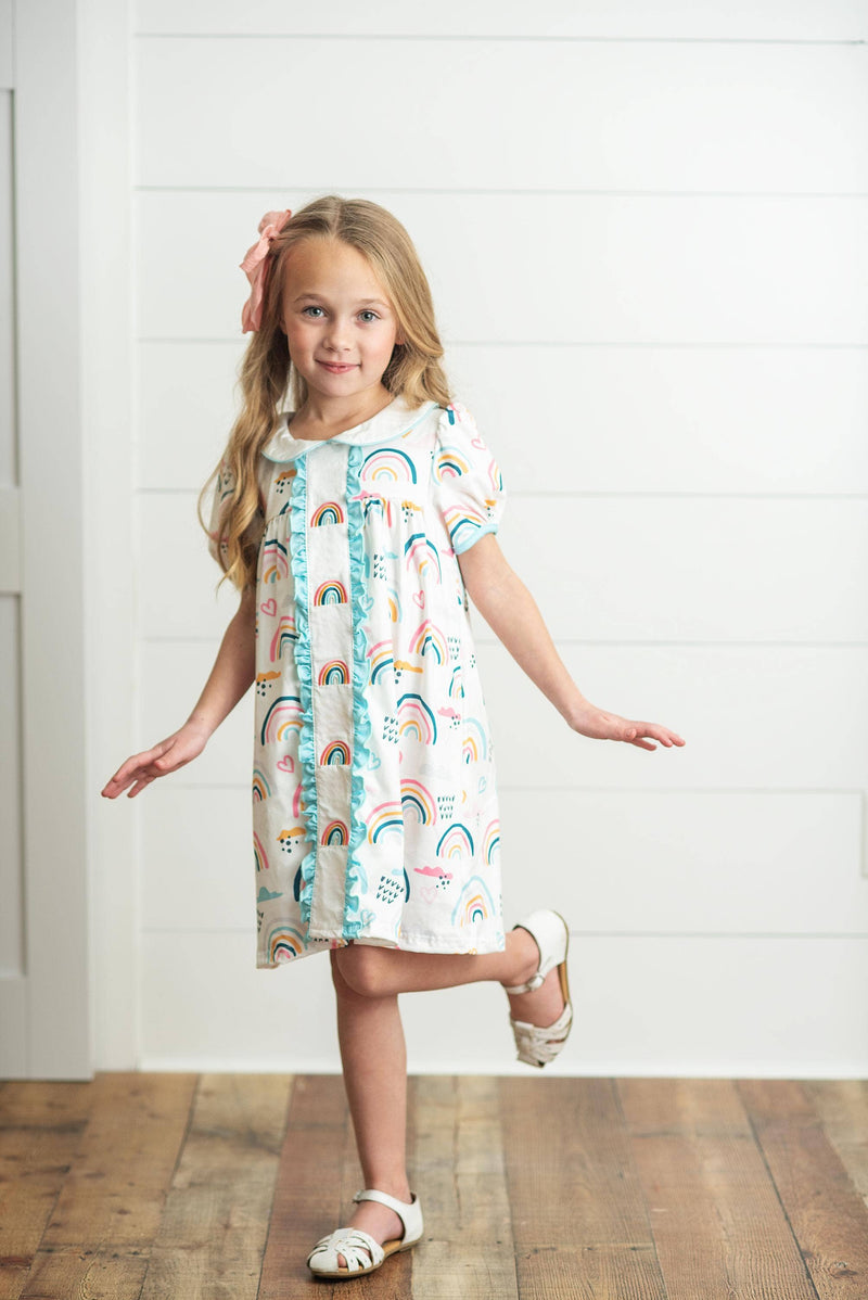 Kids Pastel Rainbow Collared Embroidered School Dress