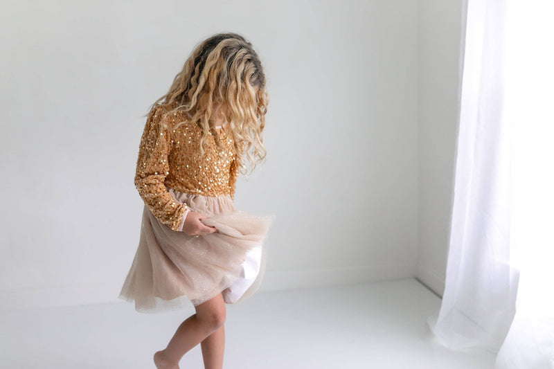 Kids Sequin Champagne Holiday Fancy Sparkle Tulle Dress: Gold