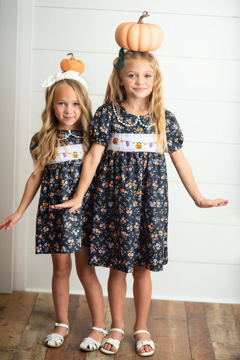 Kids Halloween Pumpkin Candy Smocked Puff Sleeve Fall Dress: 10/12