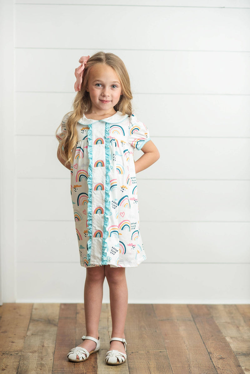 Kids Pastel Rainbow Collared Embroidered School Dress