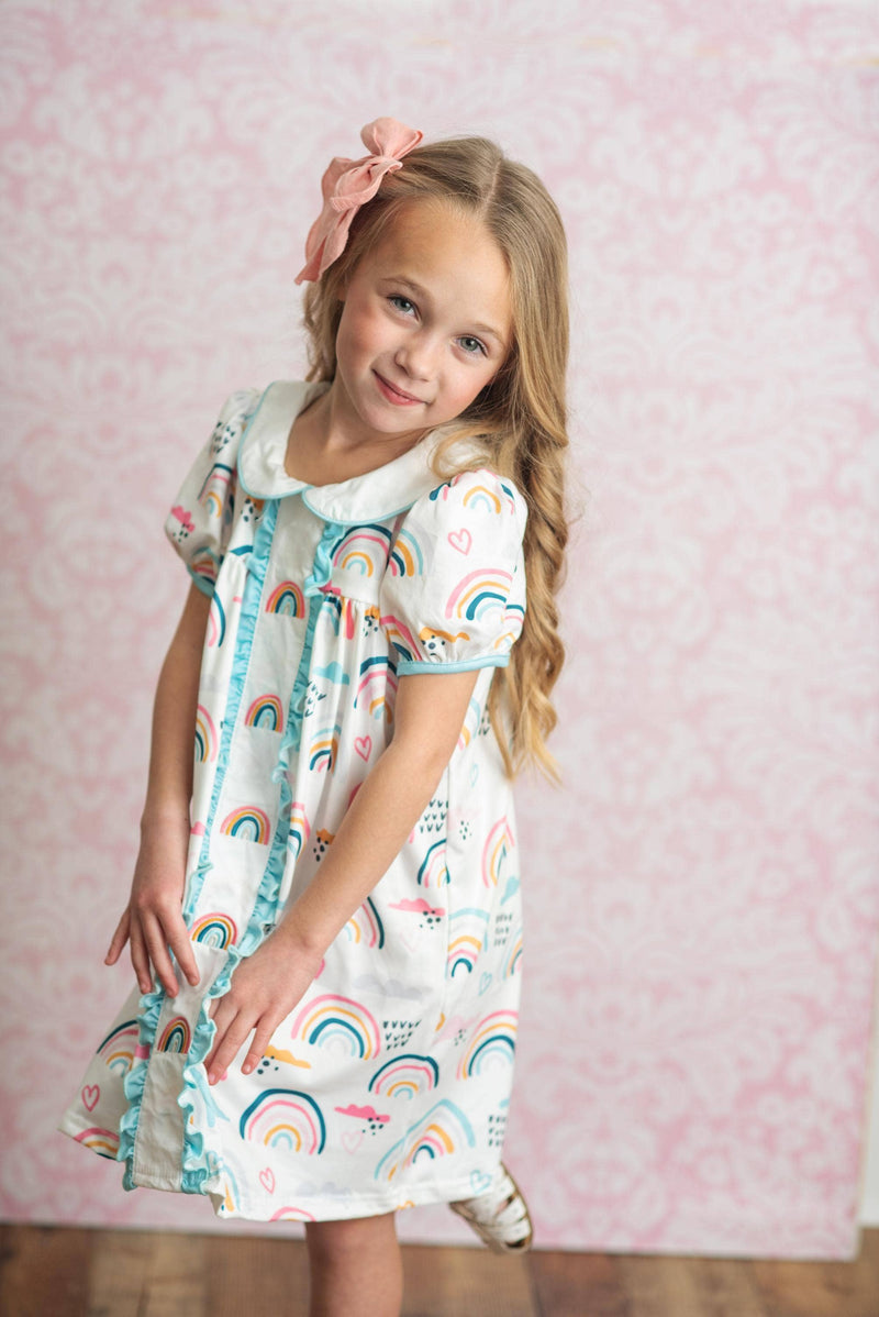 Kids Pastel Rainbow Collared Embroidered School Dress