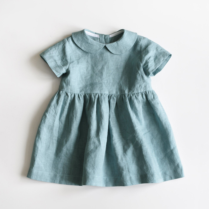 LINA organic linen dress: blue Little Bows and Gingham LINA organic linen dress: blue Little Bows and Gingham