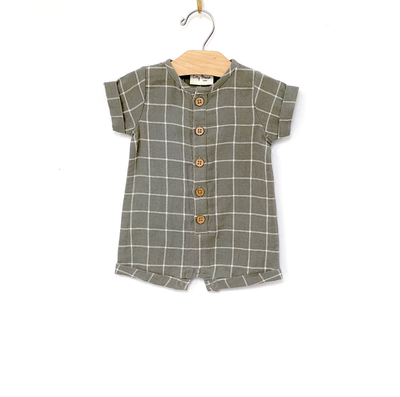 Short Button Romper- Windowpane