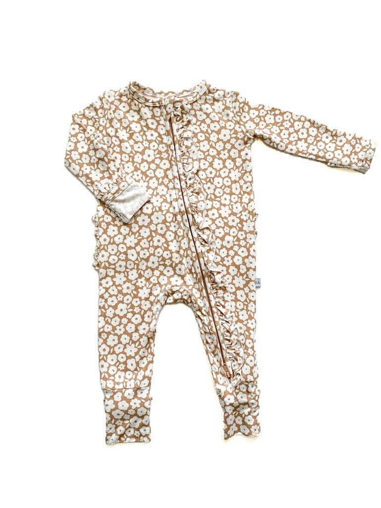 Ruffle Bamboo Zipper One Piece - Mocha Ditsy Floral