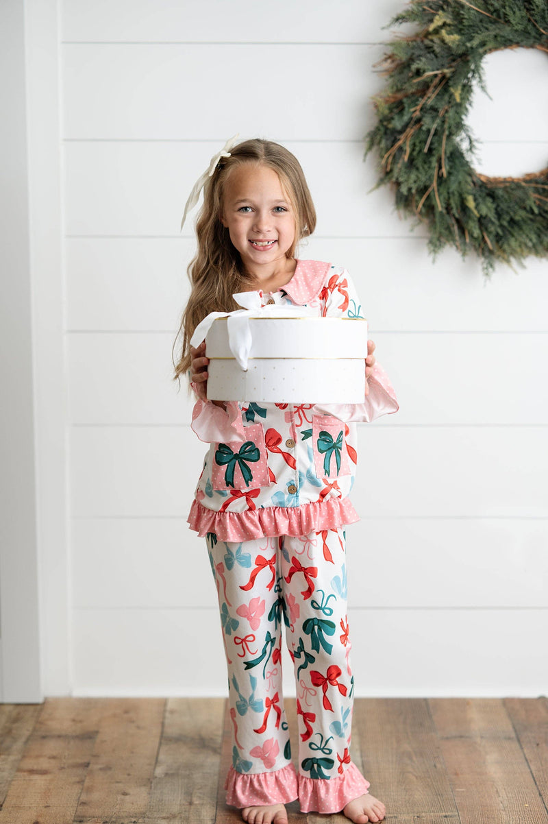 Kids Christmas Coquette Bow Pocket Lounge Ruffle Set