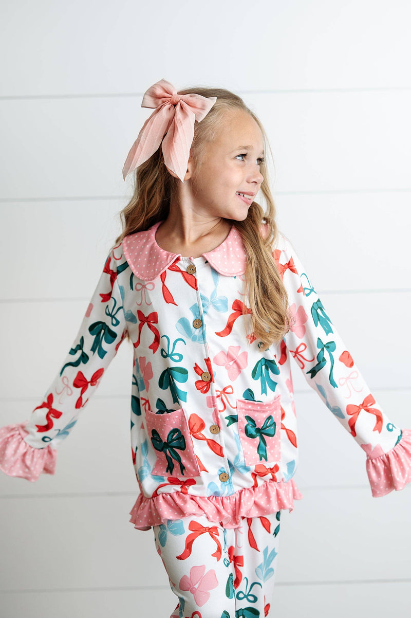 Kids Christmas Coquette Bow Pocket Lounge Ruffle Set
