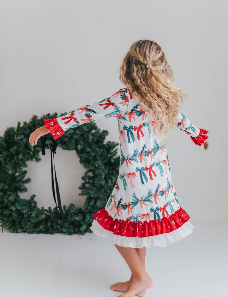Kids Holly & Bows Christmas Holiday Lace Ruffle Lounge Gown