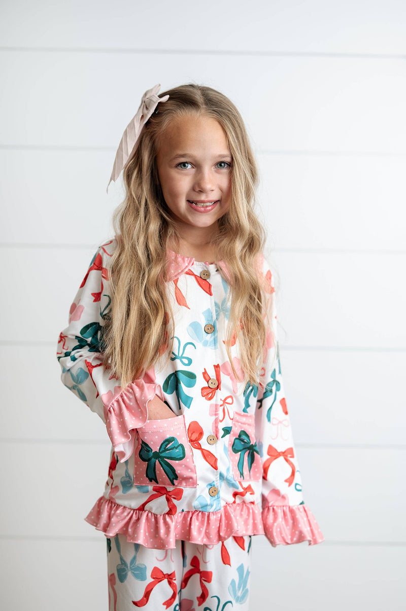 Kids Christmas Coquette Bow Pocket Lounge Ruffle Set