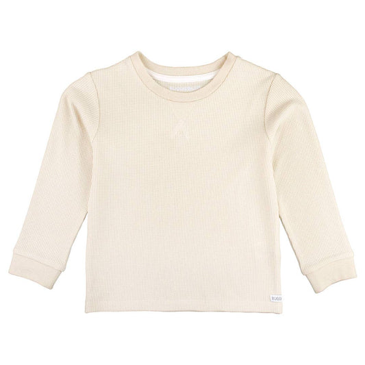 Oatmeal Waffle Knit Long Sleeve Crew Neck Shirt: Cream