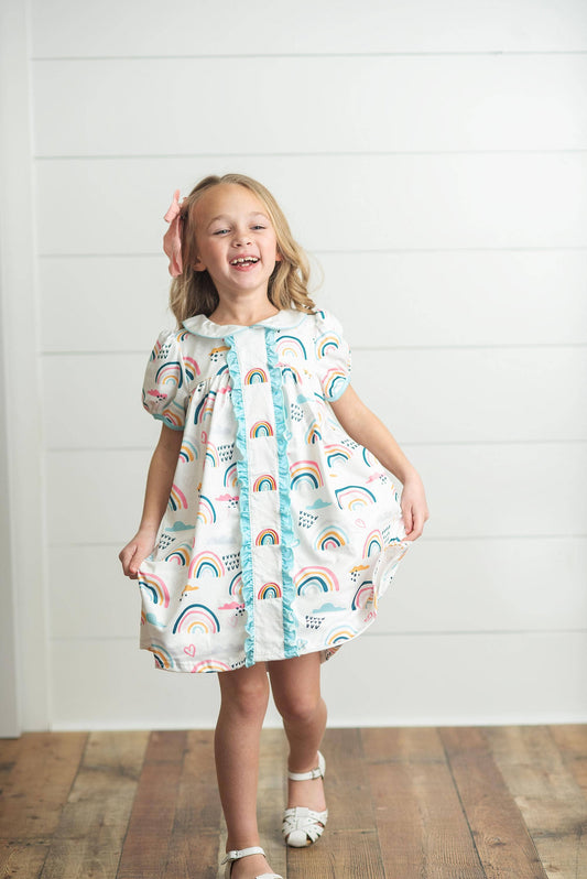 Kids Pastel Rainbow Collared Embroidered School Dress