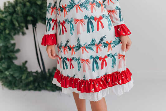 Kids Holly & Bows Christmas Holiday Lace Ruffle Lounge Gown