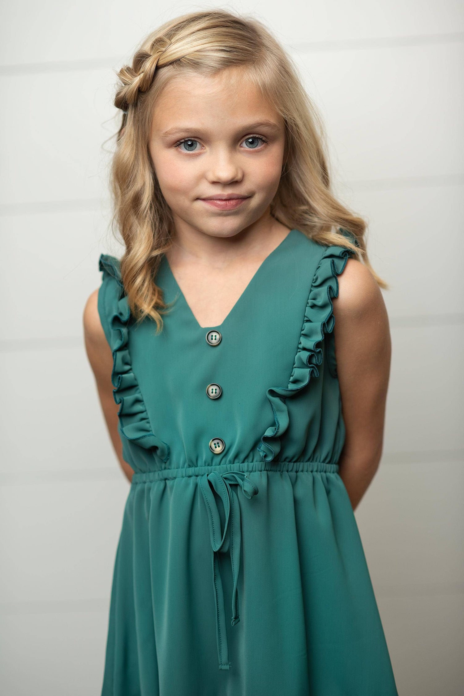 Kids Dark Teal Ruffle Front Button Dress: 8