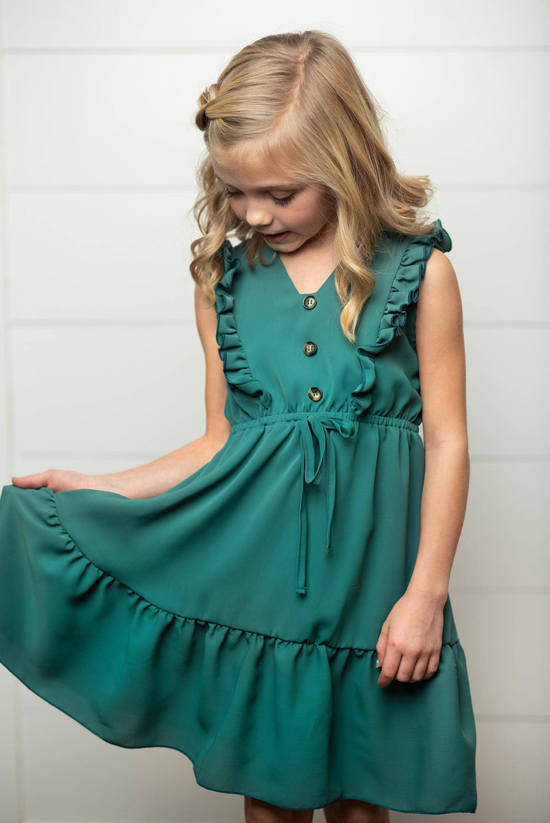 Kids Dark Teal Ruffle Front Button Dress: 8