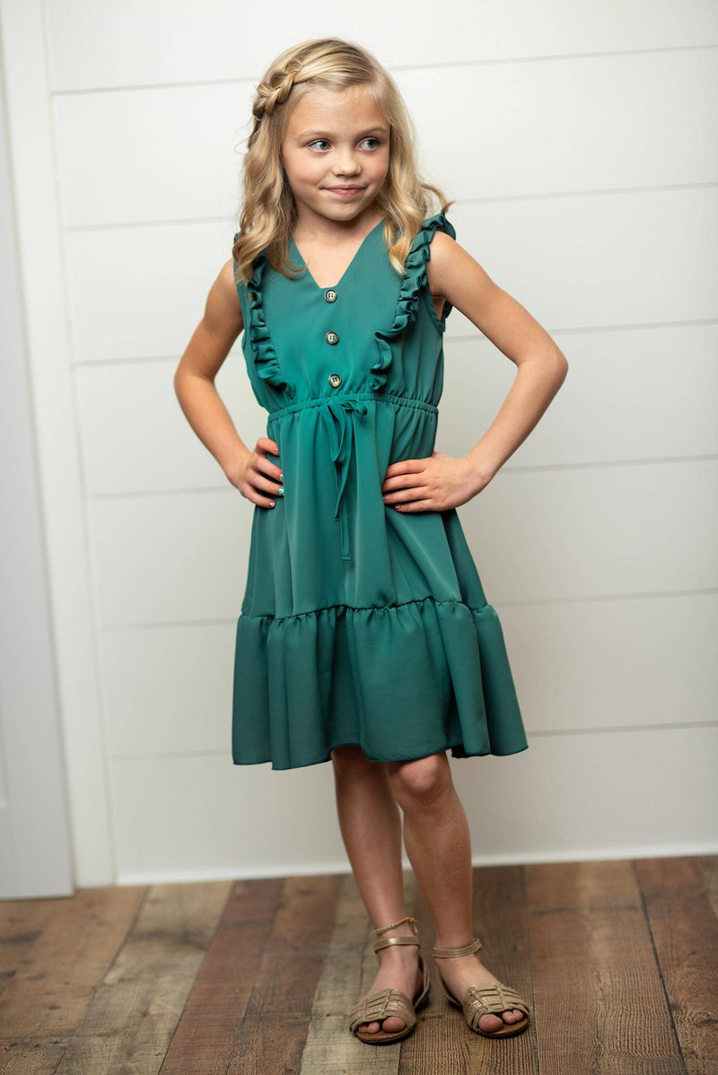 Kids Dark Teal Ruffle Front Button Dress: 8