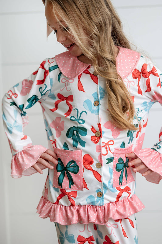 Kids Christmas Coquette Bow Pocket Lounge Ruffle Set