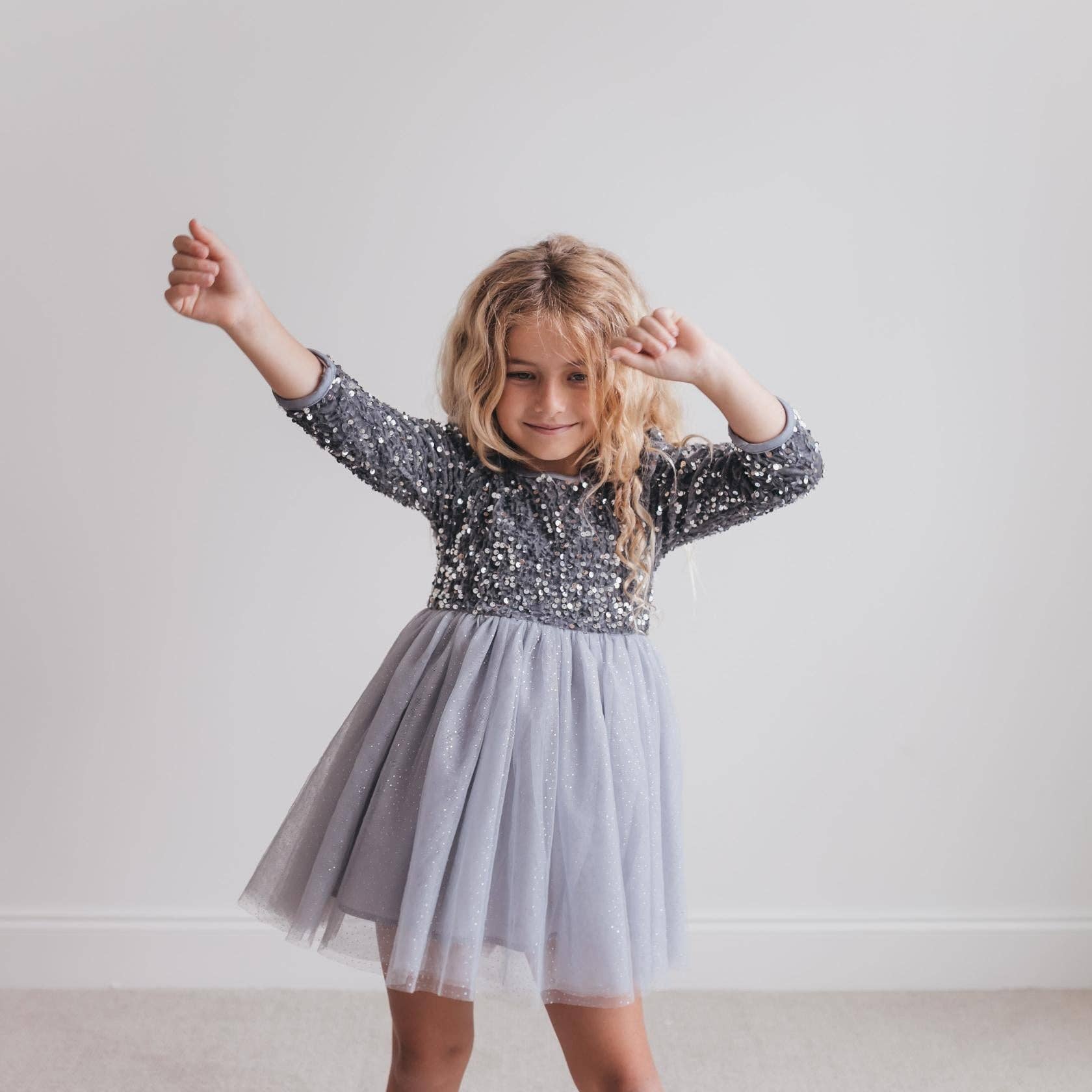 Kids Sequin Silver Holiday Fancy Sparkle Tulle Winter Dress: Silver – Little Bows and Gingham