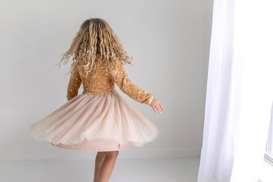 Kids Sequin Champagne Holiday Fancy Sparkle Tulle Dress: Gold