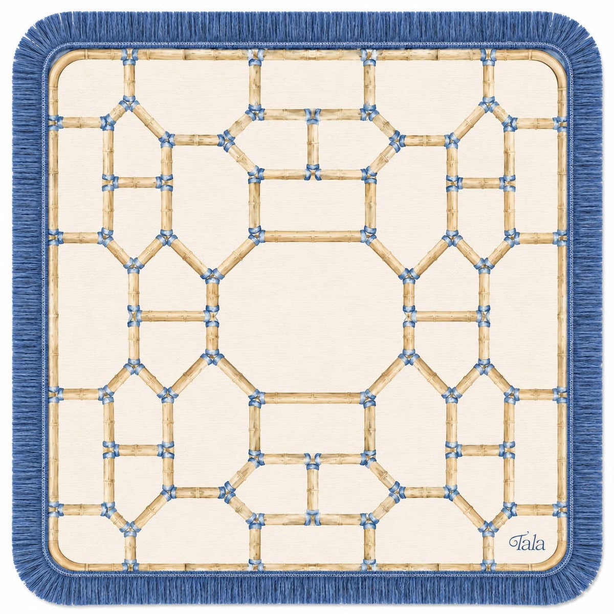 The Pavilion Mahjong Mat - Bamboo Neutral with Blue Fringe