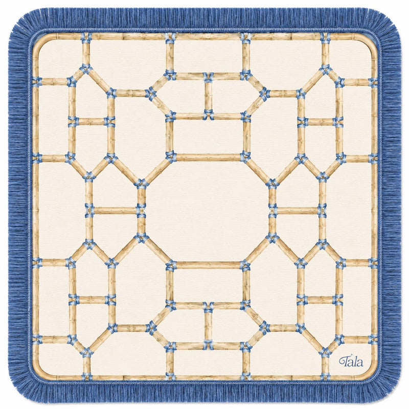 The Pavilion Mahjong Mat - Bamboo Neutral with Blue Fringe